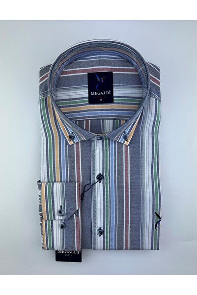 MEGALDİ Erkek Slim Fit Şamreli Indigo Çizgili Uzun Kollu Gömlek