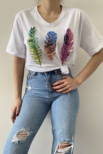 FEMELLE Women's White V-Neck Plus Size Feather Pattern Sequin Embroidered 100% Cotton Plus Size T-Shirt