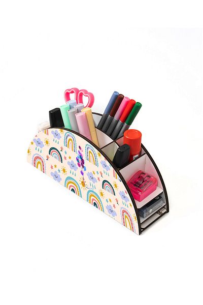 kutuTR Wooden Vip Rainbow Series Ruled Desktop Pen Holder Organizer for Kids Assembled Boxed