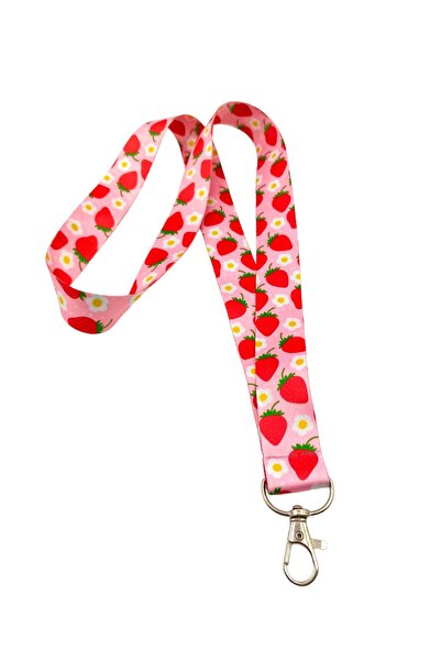 CİCCİBİCCİSHOP Pembe Zeminli Çilekli Boyun Askı Ipi