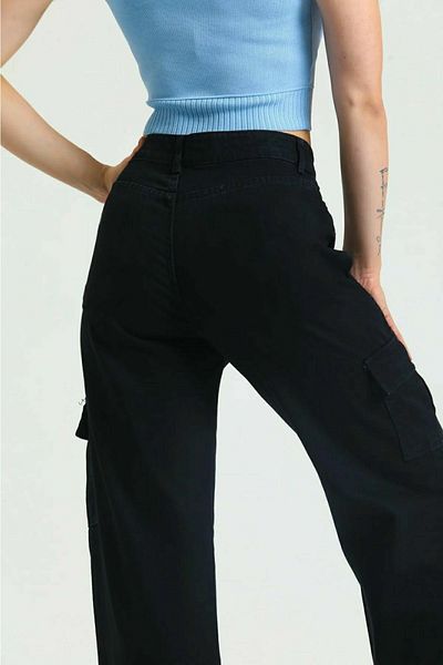 Trn JNS Pantaloni negri Atlanta Cargo, largi la spate, fără buzunare, din lycra, cu talie super înaltă