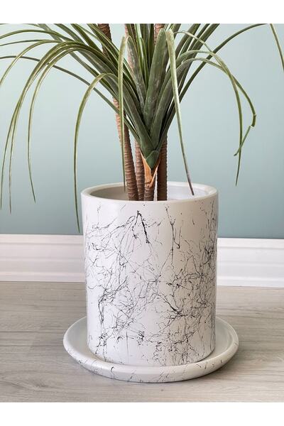 odka 40litre Silindir Saksı Tabaklı Yükseklik:40cm Çap:33cm Mia Beyaz Mermer ...