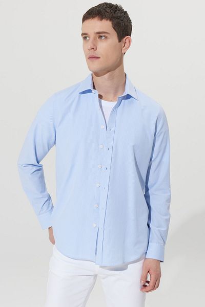 AC&Co / Altınyıldız Classics Cămașă pentru bărbați, alb-albastru deschis, slim fit, cu guler clasic, din bumbac, în carouri