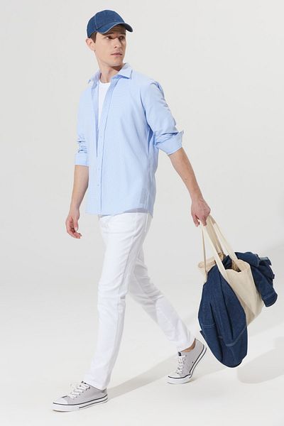 AC&Co / Altınyıldız Classics Cămașă pentru bărbați, alb-albastru deschis, slim fit, cu guler clasic, din bumbac, în carouri