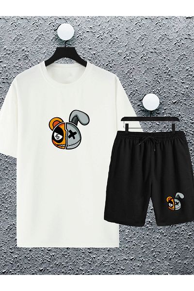 Joza Outdoors Unisex Women Men Bear Rabbit Printed Black White Design Summer Shorts Oversize Tshirt Set of 2