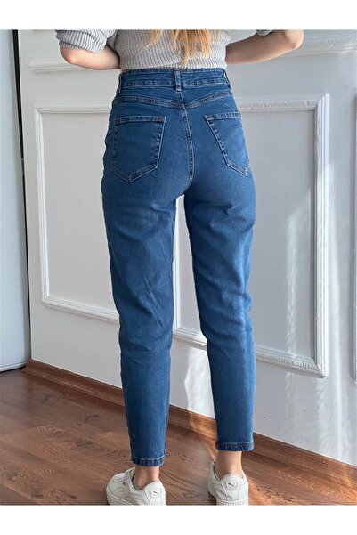 LİMABEL Dámské džínové kalhoty s vysokým pasem a plným lycrou modré Mom Jeans Kalhoty Lycra Extra elastické letní modré Mom Jeans Kalhoty