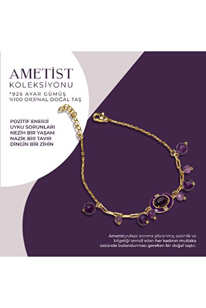 OSMANLI DOĞAL TAŞ Sertifikalı Ametist Doğal Taşlı Modern Gümüş Charm Bileklik