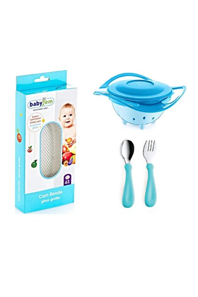 Babyjem مبشرة زجاجية + طبق مانع للتسرب أزرق + طقم ملاعق شوكة ستانلس ستيل بالل...