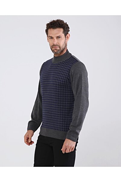 Çizgi Triko Чоловічий светр з напіврибальським коміром, сірий, з візерунком на рукавах і талії, еластичний, класичний