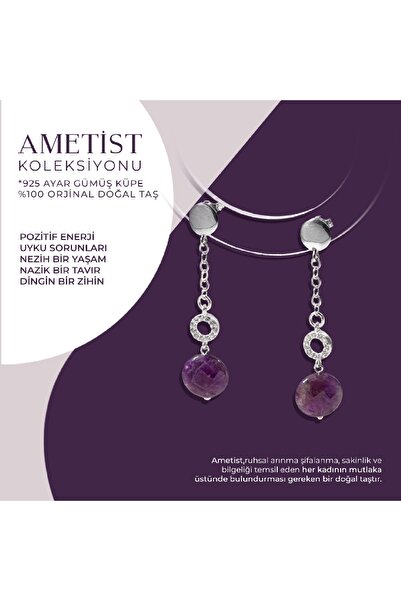 OSMANLI DOĞAL TAŞ Sertifikalı Ametist Doğal Taşlı Tasarım Sallantılı Gümüş Küpe