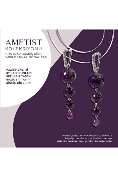 OSMANLI DOĞAL TAŞ Sertifikalı Ametist Doğal Taşlı Sallantılı Tasarım Gümüş Küpe