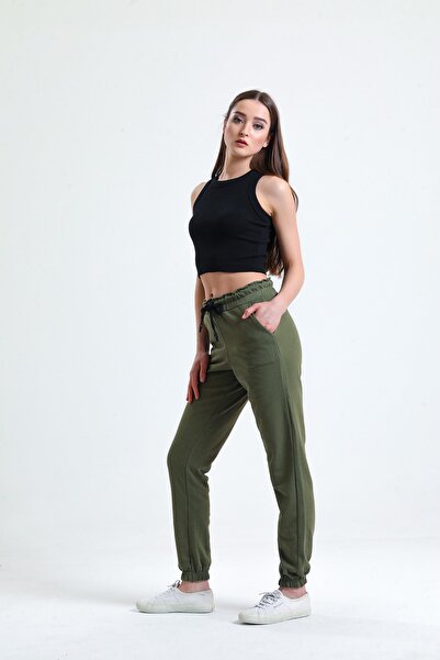 ladyzey Γυναικείο φούτερ με κορδόνι τσέπης Χακί με ελαστικό πόδι στη μέση