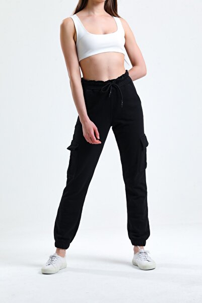 ladyzey Γυναικεία μαύρη τσέπη Cargo με κορδόνι μέσης ελαστική φούτερ