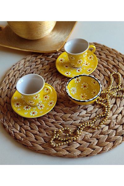 Den Tasarım Hediyelik Mother's Day Special Yellow Daisy Coffee Cup Set and Bowl for 2 People