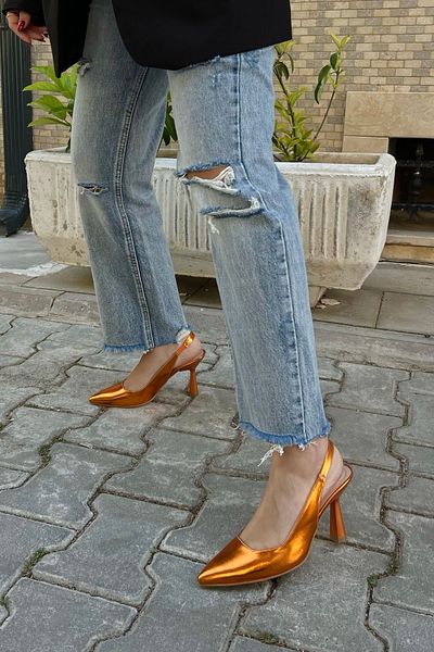 POLKA STORE Spark Metallic Skin Portocaliu Vârf ascuțit Spate Stiletto deschis Confortabil și elegant Rochie de seară Tocuri Pantofi de damă