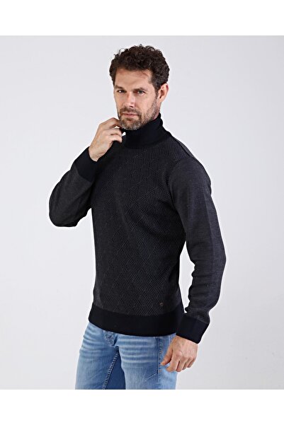 Çizgi Triko Ανδρικό πλεκτό με πλήρες ζιβάγκο Μαύρο πουλόβερ με μοτίβο μανίκι και μέση ελαστικό ατσάλινο πλεκτό κλασικό