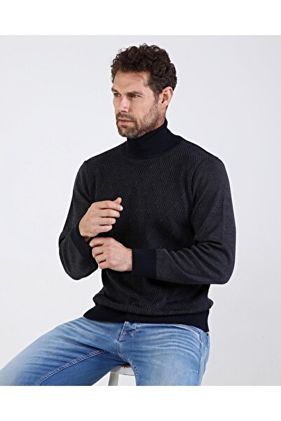 Çizgi Triko Ανδρικό πλεκτό με πλήρες ζιβάγκο Μαύρο πουλόβερ με μοτίβο μανίκι και μέση ελαστικό ατσάλινο πλεκτό κλασικό