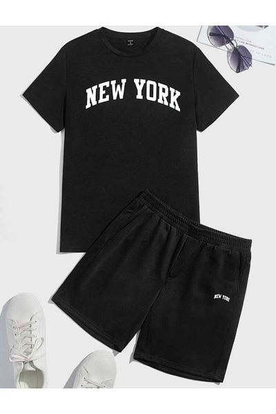 BYMEER Unisex Black New York Printed Bottom Top Shorts T-shirt Suit Combination