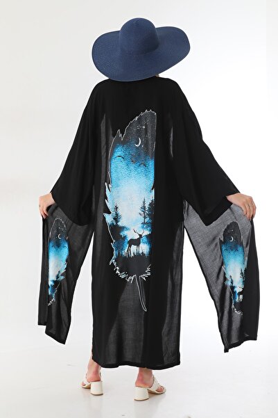 Miss Madly Kimono Kadın Siyah Gece Manzaralı Yaprak Baskılı Miss125555