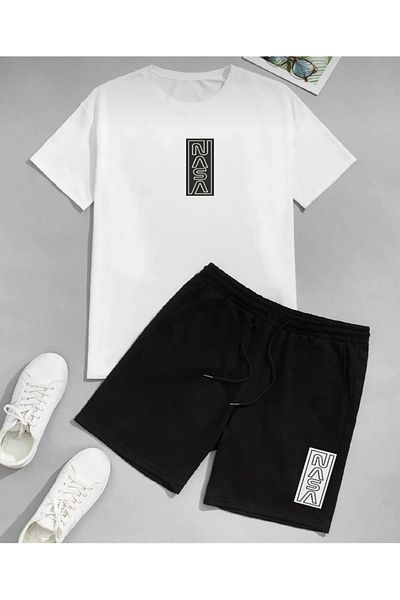 BYMEER Unisex White And Black NASA Printed Bottom Top Shorts T-shirt Set