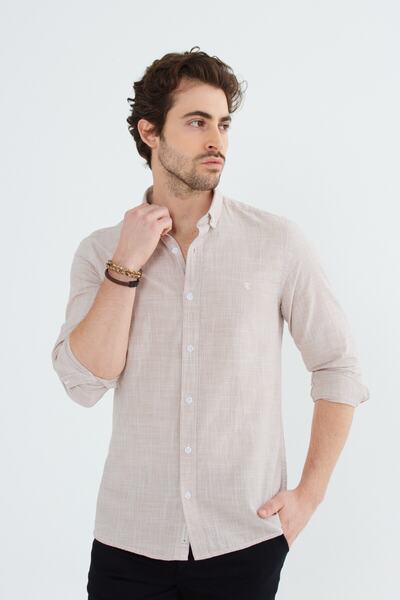 RAVANELLI Ανδρικό μακρυμάνικο πουκάμισο με κουμπιά λινό γιακά σε μπεζ κουτί δώρου G318