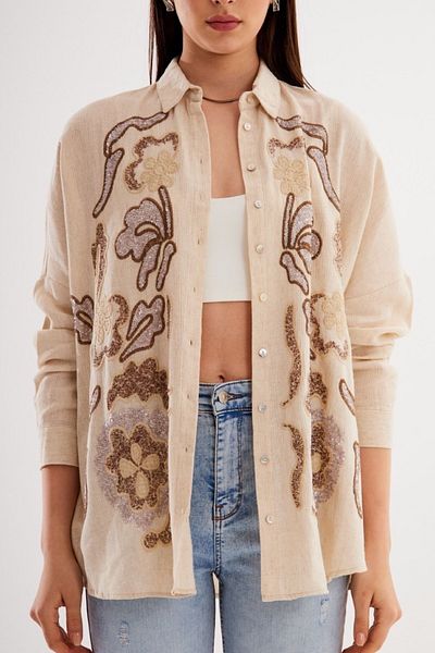 FEMELLE Women's New Season Sequined and Embroidered Oversize Shirt (Suitable for Size 36-46)