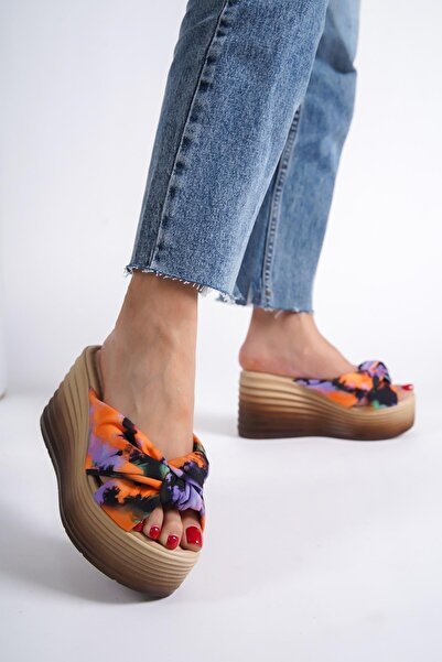 Modabuymus Pointy Orange Batik Platform Wedge Heeled Women's Slippers