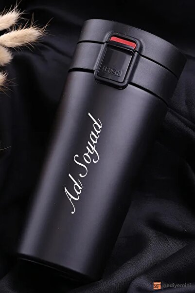 megame Kişiye Özel Anneler Günü Özel Isim Baskılı 380 ml Siyah Kilitli Termos...