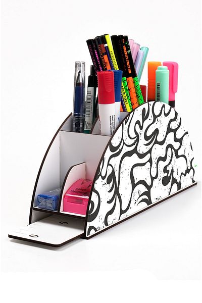 kutuTR Wooden Vip Pattern Series Rainbow Ruled Desktop Pen Holder Organizer with Assembled Box