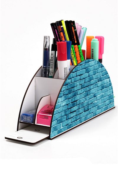 kutuTR Wooden Vip Pattern Series Rainbow Ruled Desktop Pen Holder Organizer with Assembled Box