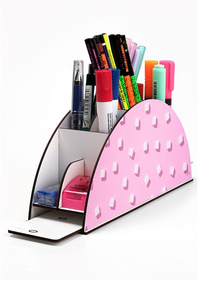 kutuTR Wooden Vip Student Series Rainbow Ruled Desktop Pen Holder Organizer with Assembled Box