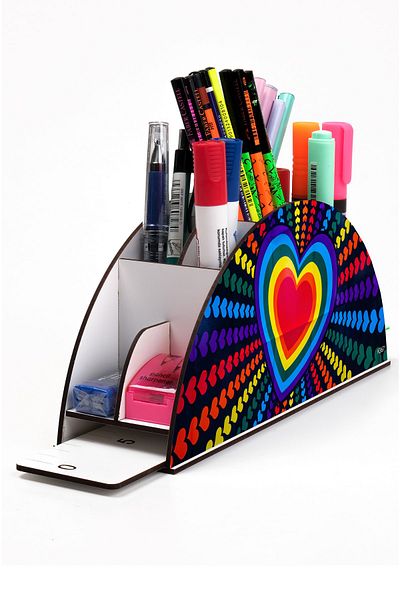 kutuTR Wooden Vip Hearts Series Rainbow Ruled Desktop Pen Holder Organizer Assembled Boxed
