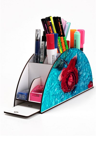 kutuTR Wooden Vip Rose Series Rainbow Ruled Desktop Pen Holder Organizer with Assembled Box