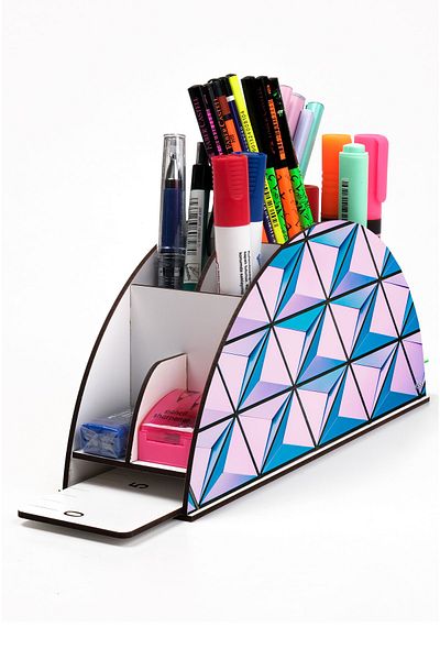kutuTR Wooden Vip Student Series Rainbow Ruled Desktop Pen Holder Organizer with Assembled Box