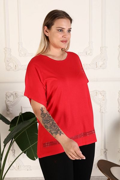 xlargebutik Plus Size Women's Clothing Full Flexible Red Viscose Combed Cotton Blouse