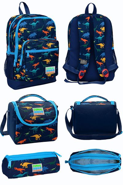 Coral High Rucsac de școală cu patru compartimente cu model de dinozaur albastru bleumarin