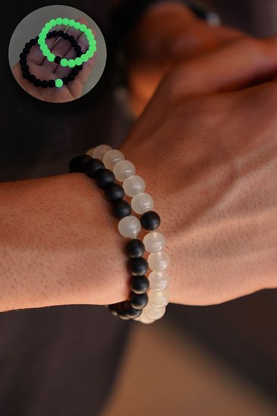 The Collection Glow in the Dark Cat's Eye and Onyx Natural Stone Lover Bracelet