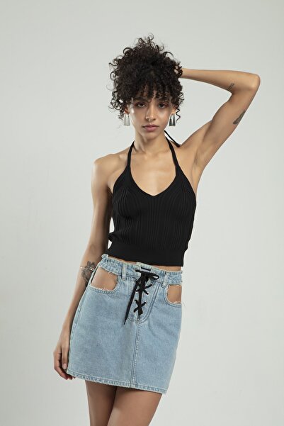 sifu tekstil Kadın Siyah Renkli Boyundan Bağlamalı Fitilli Spor Triko Büstiye...