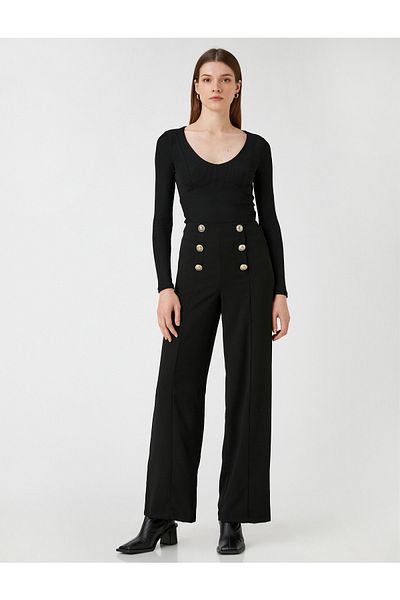 Koton Wide Leg Trousers Ribbed Button Detailed