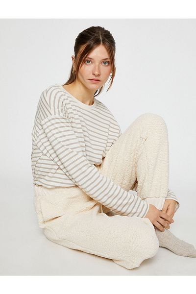 Koton Plush Jogger Pajama Bottoms with Lace Waist Pocket Detail