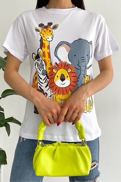 FEMELLE Tricou alb pentru damă, cu gât crew, imprimat 100% bumbac
