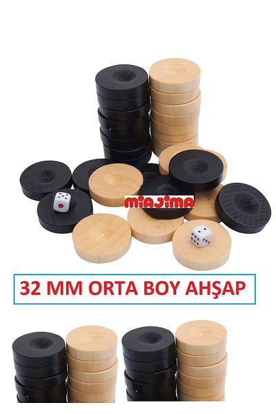 Miajima Medium Size Wooden Backgammon Checker 32 Mm + 4 Dice Gift