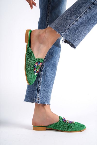 BAKGİY Green Lace Women's Lacy Colorful Stone Slippers Bg1163-122-0002