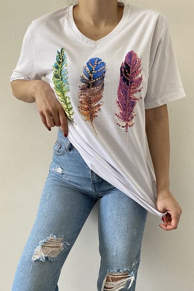 FEMELLE Women's White V-Neck Plus Size Feather Pattern Sequin Embroidered 100% Cotton Plus Size T-Shirt