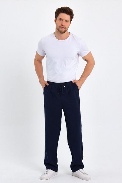 Minharir Men's Navy Blue Linen Trousers