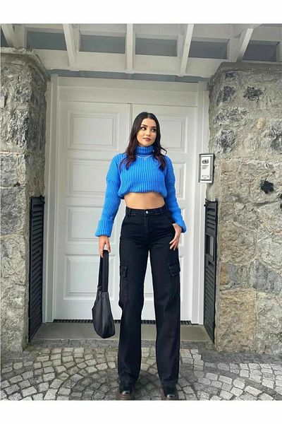 Trn JNS Pantaloni de jeans cu talie super înaltă Pera, negri, largi, fără buzunar la spate