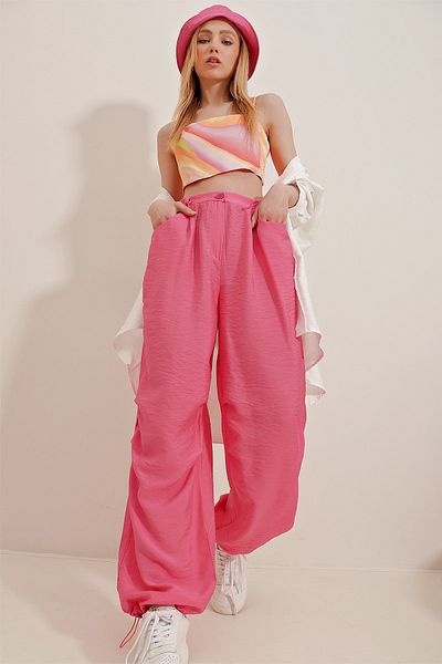 Trend Alaçatı Stili Fuchsiafarbene Aerobin-Leinenhose mit zwei Taschen für Damen ALC-X10283