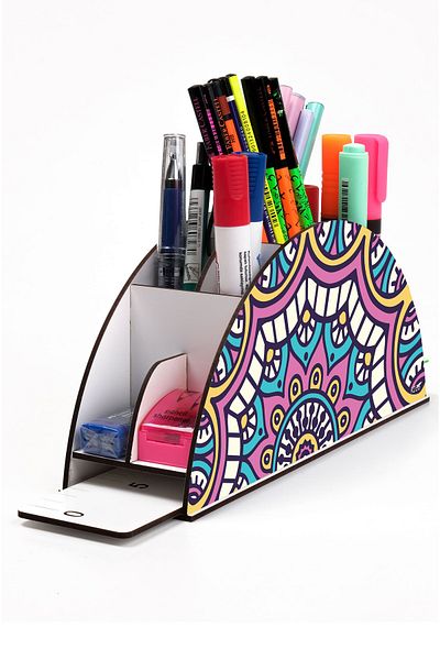 kutuTR Wooden Vip Pattern Series Rainbow Ruled Desktop Pen Holder Organizer with Assembled Box