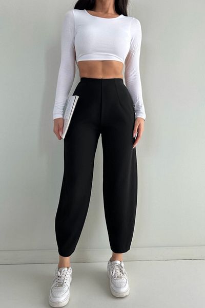 FEMELLE Pantaloni Shalwar de damă, negri, sezon nou, talie înaltă, cu talie elastică ascunsă