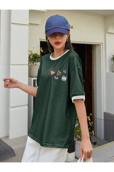 Machetta Large Size 6-Piece Sticker Look Collar Sleeve Colorful 100% Cotton Oversize T-shirt